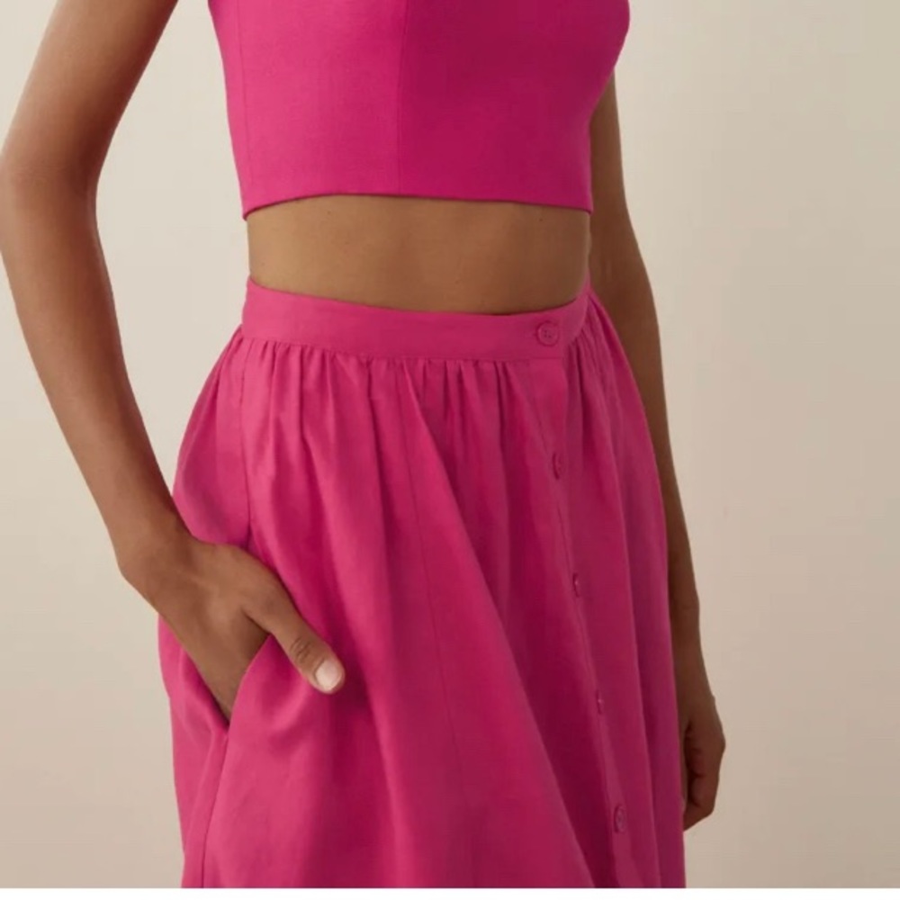 Reformation Orzo Linen MIDI High Waist Skirt in Hot Pink Corvette 2 Button Front - Picture 2 of 5